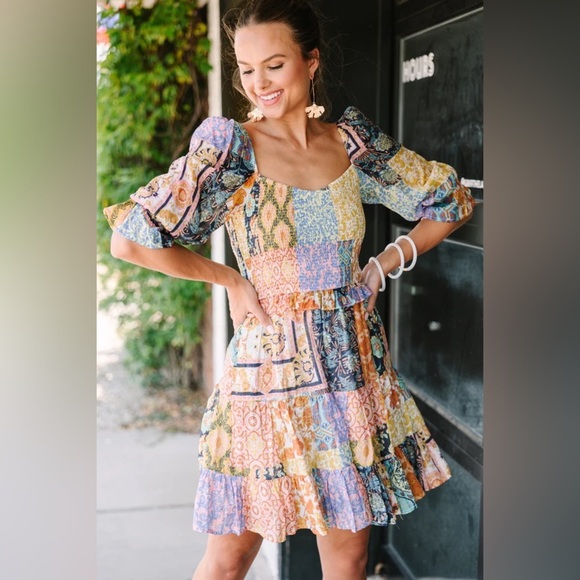 Fate: Listen To Your Heart Rust Orange Mixed Print Dress NWT Small - Picture 2 of 16